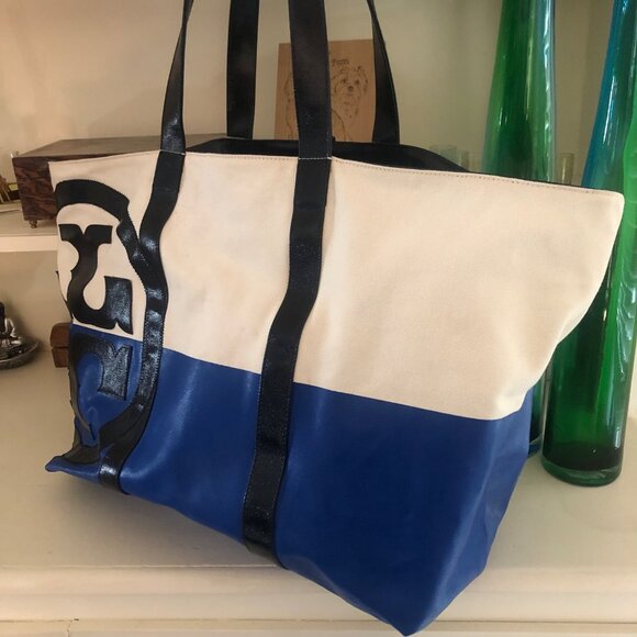 TORY BURCH Very Large Weekender Tote Bag Color block Blue - Picture 3 of 15